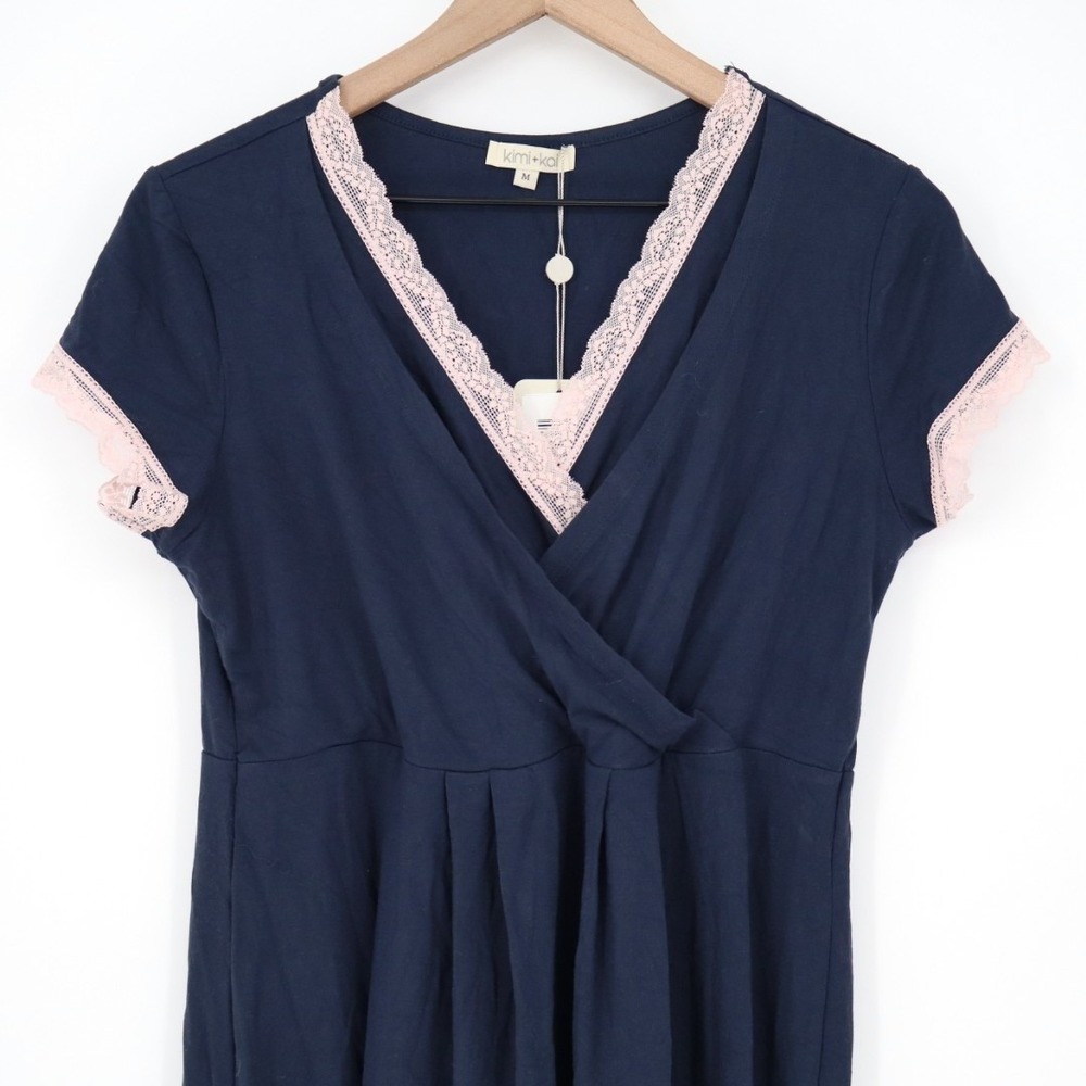 Kimi+Kai Nightgown Dress Womens M Navy Stretch Pleated Lace Trim Short Sleeve - Picture 4 of 8